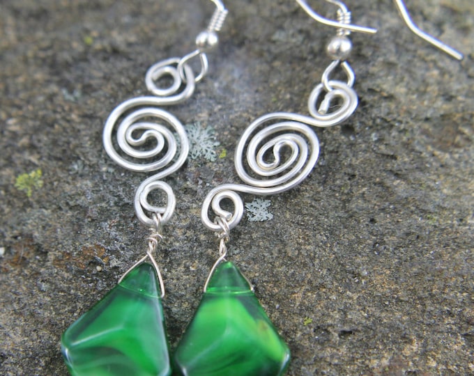 Hippie Earrings, Geometric Dangle Earrings, Sterling Silver Spiral Swirl w/ Green Triangle Bead, Wire Wrap Jewelry, Unique BoHo Gift for Her