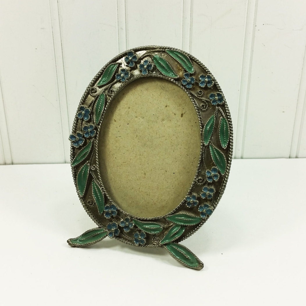 Pewter Look Enameled Oval Frame Green and Blue Enamel Raised