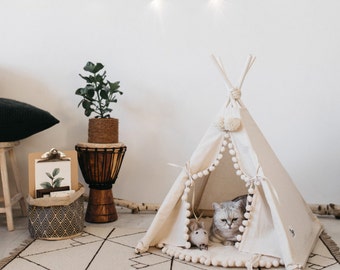 Cat bed with a matching pompom pad, dog bed, pet teepee, pet bed, pet tipi, teepee, tepee