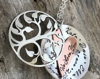 Custom Hand Stamped Jewelry/Unique Sterling Silver Tree Locket/Custom Text/Mothers Gift/Personalized Name Necklace/Mothers Gift