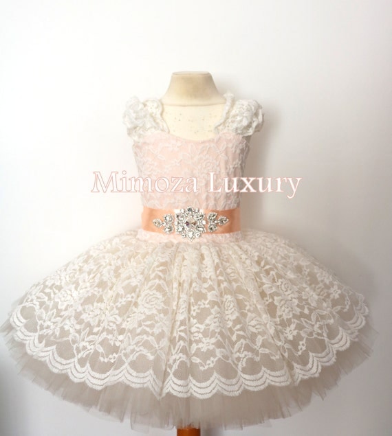 Lace Ivory Peach Flower girl dress, Ivory Champagne Birthday dress, Cream Peach tutu dress, Christening lace tutu dress, Baptism lace dress