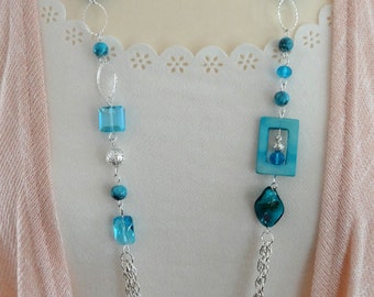 Turquoise Necklace, Long Blue Beaded Necklace, Long Turquoise Necklace, Blue Beaded Necklace, Blue Boho Necklace, Turquoise Flapper Necklace