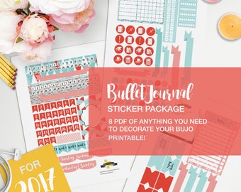 Bullet Journal Stickers Package in teal and salmon - Downloadable PDF