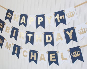 Prince Crown Gold & Navy, white Happy 1st birthday Custom Banner /Navy Ombre Royal Birthday/ Prince Party/ Decor/1st birthday, baby boy