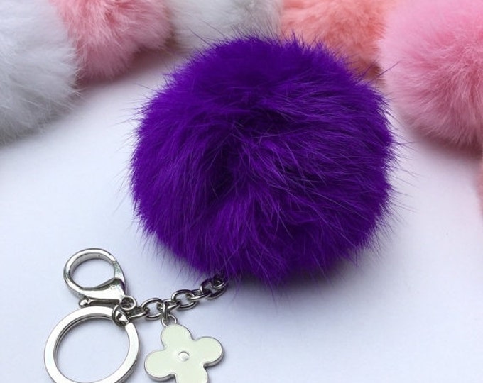 Silver Summer Series Deep Purple Rabbit fur pompom keychain ball with flower bag charm