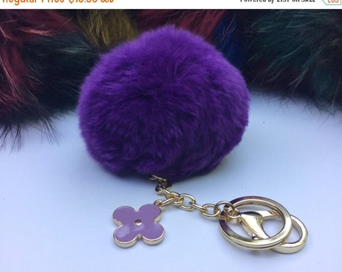 New! Summer Collection Deep Purple fur pom pom keychain bag charm flower clover keyring