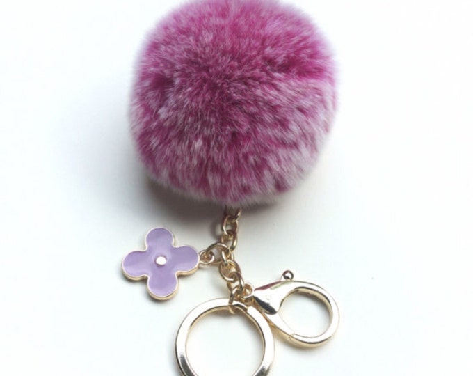 Hot Pink Frost fur pom pom keychain REX Rabbit real fur puff ball with flower bag charm keyring