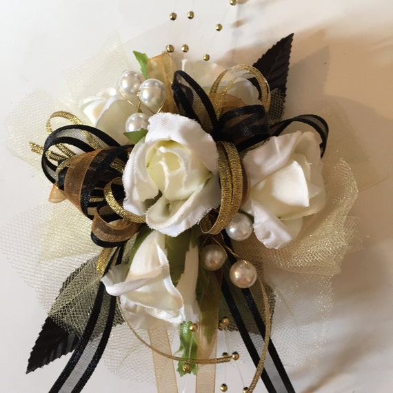 Black Gold Silk Wrist Corsage Prom CorsageIvory and Black