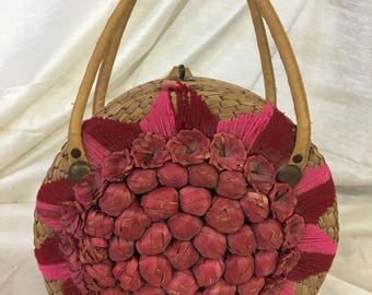 Vintage 60s 70s Straw Embroidered Raffia Souvenir Handbag Purse