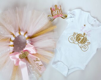 First Birthday Outfit - Pumpkin Princess Birthday - Personalized - Birthday Tutu - Pink and Gold - Pumpkin Headband - 1st Birthday Fall