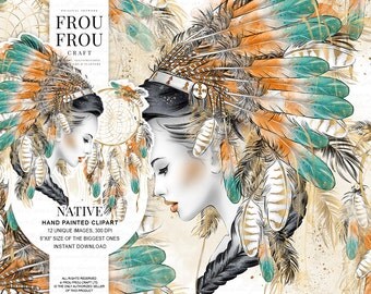 Tribal Clipart Native American Clip Art Indian Graphics Dreamcatcher Illustration Feathers Boho Print Watercolor Hand Drawn Planner Girl