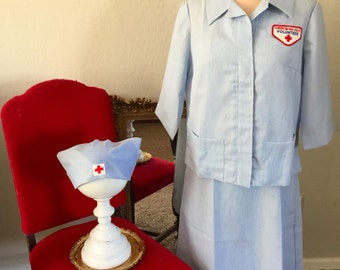 Vintage Red Cross Volunteer Dress Jacket and Hat Uniform Set from the 60s