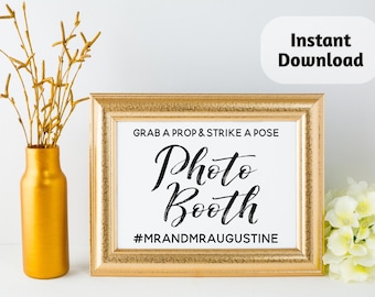 Printable Photo Booth Sign Template Download - Grab a Prop & Strike a Pose - Instagram Hashtag Personalized Print - Wedding / Shower / Party