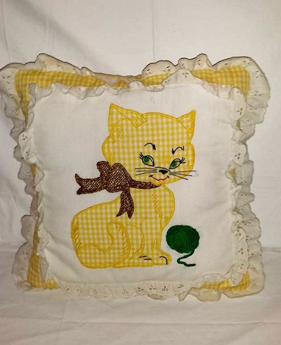 Vintage Cat Throw PillowYellow Gingham Cat PillowKitten