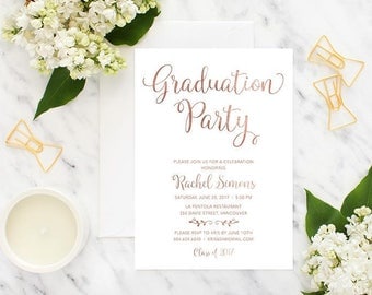 Rose Gold Graduation Party Invitation, Printable Graduation Invitation, Graduation Celebration Invitation, Faux Rose Gold Foil Grad Invite