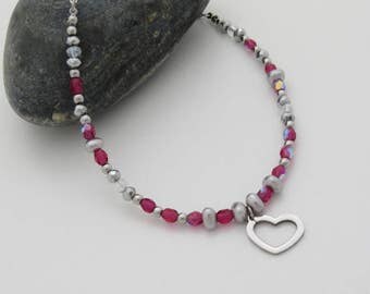 Girl charm heart stainless steel, glass marble necklace pink fushia, silver faceted glass beads, glass Pearl gray Czech