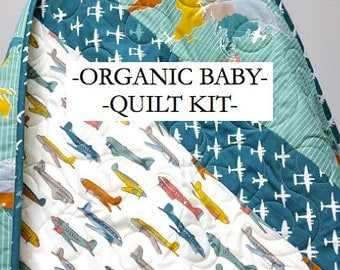 Organic Baby Quilt Kit, Baby Boy Airplanes, Modern Nursery, Quilting, Sewing DIY Project, Birch Trans-Pacific Fabrics, Teal, Kids Room