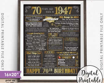 70th Birthday Gift 1947 Poster, 70 Years USA Flashback Instant Download 8x10/16x20” Born in 1947 Birth 70th B-day Chalkboard Style Printable