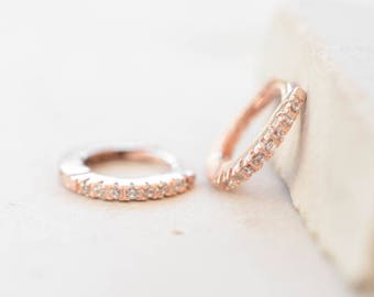 Thin Mini Ear Huggie Hoop Earrings, ROSE GOLD - micro pave CZ cartilage hoops - Different sizes available *Small Ships 7/30/2017**