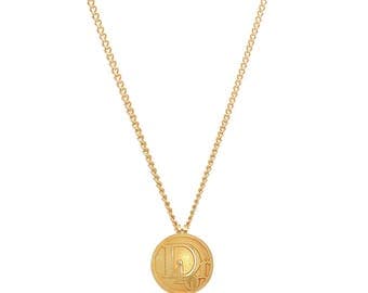 Re-worked Unisex Vintage Button Gold Domed Dior Logo Pendant Necklace 80's
