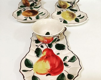 Vintage Italian Ceramic Hand Painted Pottery Luncheon Set Snack Fruit Legumes Set of Three Coffee Tea Cup and Plate - Made in Italy