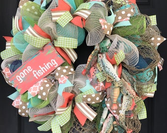 summer wreath - lake house decor - fishing decor - cabin decor - lake house wreath - summer fishing wreath - fishing - fishing cabin - fish