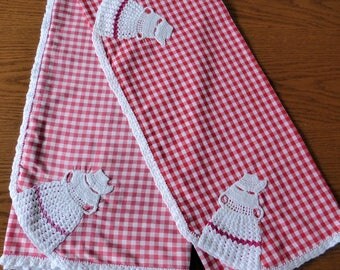 Retro vintage cross stitch runner and tablecloth with Crinoline ladies