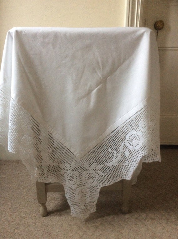 Large White Vintage tablecloth. 56inches square. Lace edging