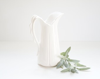 white ceramic pitcher - water pitcher - milk jug - flower vase - scalloped rim - embossed pattern - farm house - cottage chic