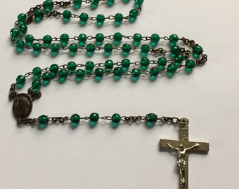 Vintage Rosary, Rosary Beads, Emerald Green Glass Rosary, 5 Decades, Silver Tone Crucifix, Vintage Prayer Beads, Catholic Beads, 16" Long