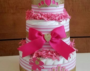 Princess Diaper Cake, Pink Diaper Cake, Tiara Diaper Cake, Little Princess Baby Shower, Pink and Gold Diaper Cake, Royalty Baby Shower