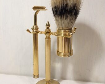 Gold Metal Shaving Stand - Shaving Brush and Razor - Bathroom Decor - Mens - Mantique