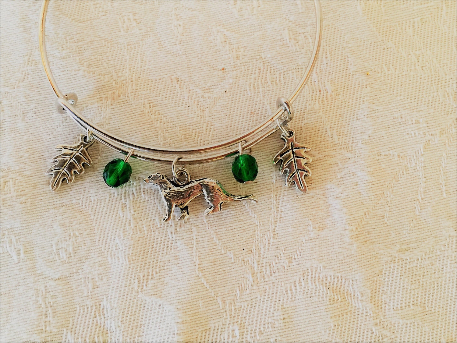 Ferret And Green Crystal Adjustable Wire Bangle Bracelet