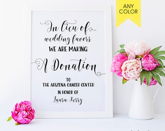 In lieu of favors sign Wedding donation sign Donation favor cards Wedding charity sign Donation favors Custom donation sign Reception sign