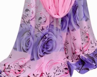 Scarf shawl wrap sarong cover up Fichu with pink purple white flowers roses birthday wedding party gift