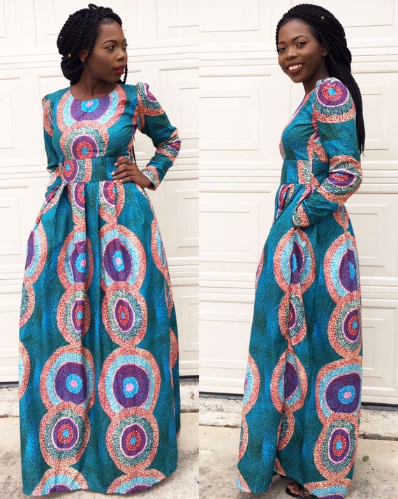 African ankara women full length long sleeve maxi dress