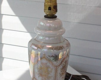 Gorgeous Vintage Pearl Iridescent White Opal -Milk Glass-Gold Rose Working Lamp-Opalescent