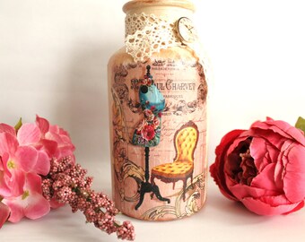 Decoupage jar, mothers day gift, vintage decor, flower vase, vintage look, home decor, gift ideas, decoupage bottle, vintage jar, glass vase