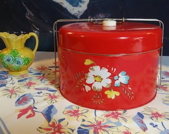 Vintage Red Cake Carrier With Flowers