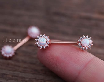 nipple ring nipple piercing nipple jewelry nipple barbell fire opal zircon flower Rose Gold #1N01