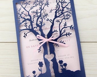 SAMPLE * Laurel Laser Tree Wedding Invitations, Dark Blue, Gatefold, Summer Wedding Invite