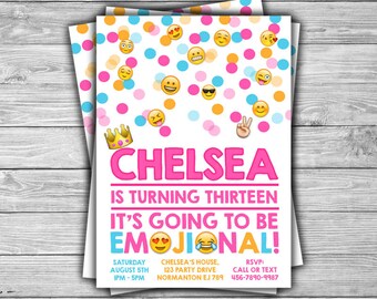 PRINTABLE Emoji Birthday Invitation - DIGITAL - Personalized Fun Teenager Emoji Smilie Party Invite Confetti Polka Dot Pink - E92