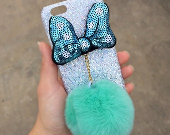 Disney phone case, Disney iPhone 6/6s case, Minnie Mouse iPhone 6 case, Glitter iPhone case, Fur ball iPhone case, Pom Pom case