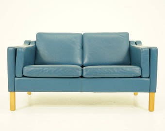 308-135 Danish Mid Century Modern Blue Leather Sofa Couch Loveseat Beech Legs