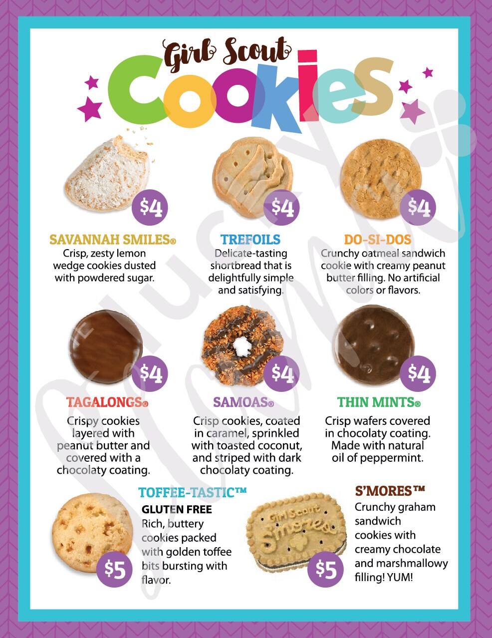 Girl Scout Cookie Menu with prices 8.5 x 11 printable