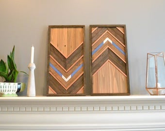 Wood wall art, double panel, brown/natural/copper/blue/silver, decor, lath, cedar, each panel 12in x 24in