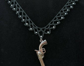 Silver Gun Necklace, Black Goth Choker, Revolver Necklace, Crochet Choker Glass Beads Silver Toggle Clasp, Handgun Necklace, Victorian Style