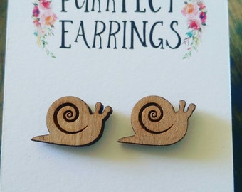 Handmade laser cut bamboo snail stud earrings