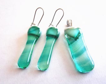 earrings and green fused glass pendant light green and a hint of white fused glass at the top of each, stainless steel hook