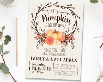 Fall Autumn Pumpkin Baby Shower Invitation Invite, Boy Little Pumpkin Gender Neutral Baby Shower Invitation Invite for Boy, Printable Invite